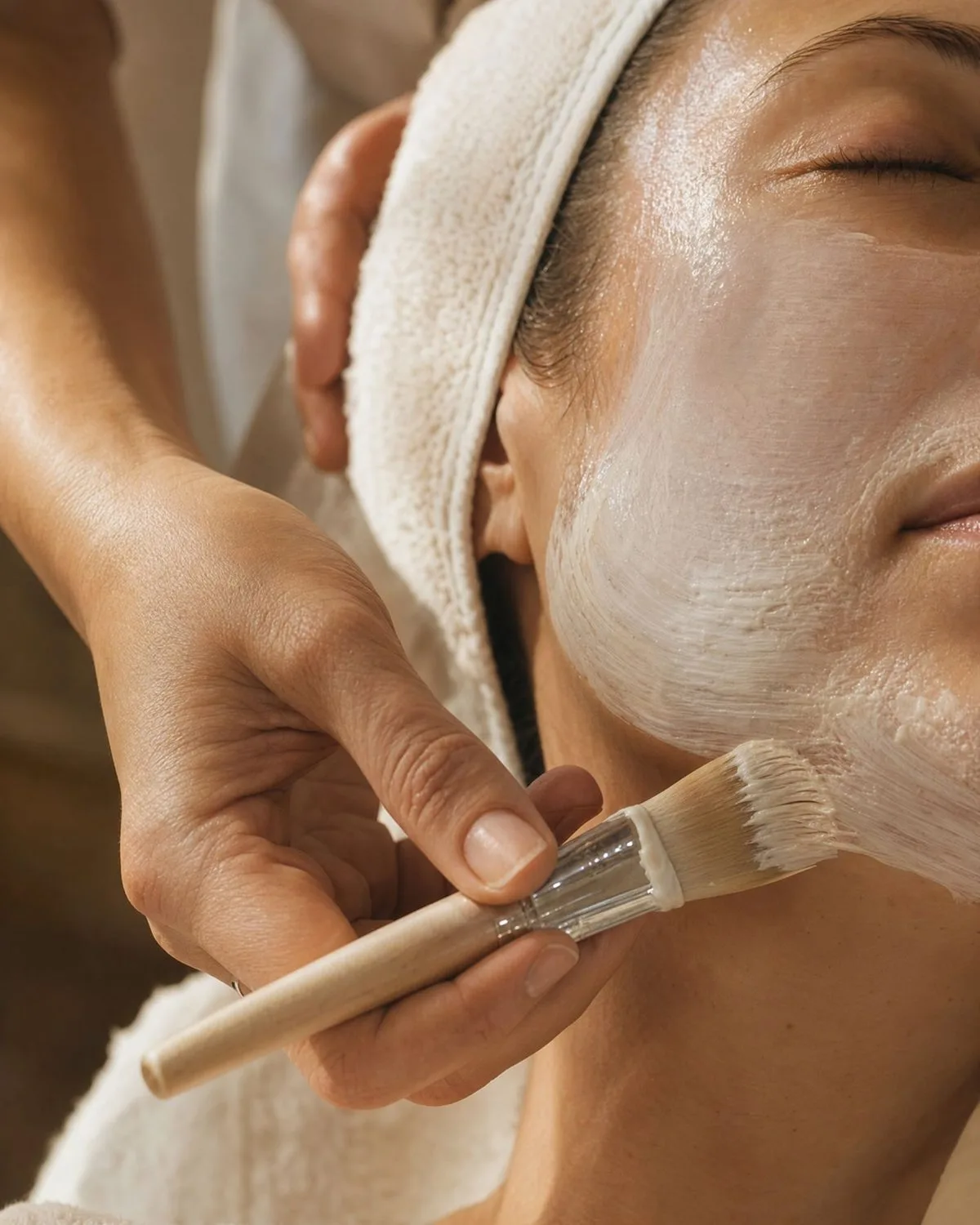 Esthetician brushing a cream mask onto a client's cheek