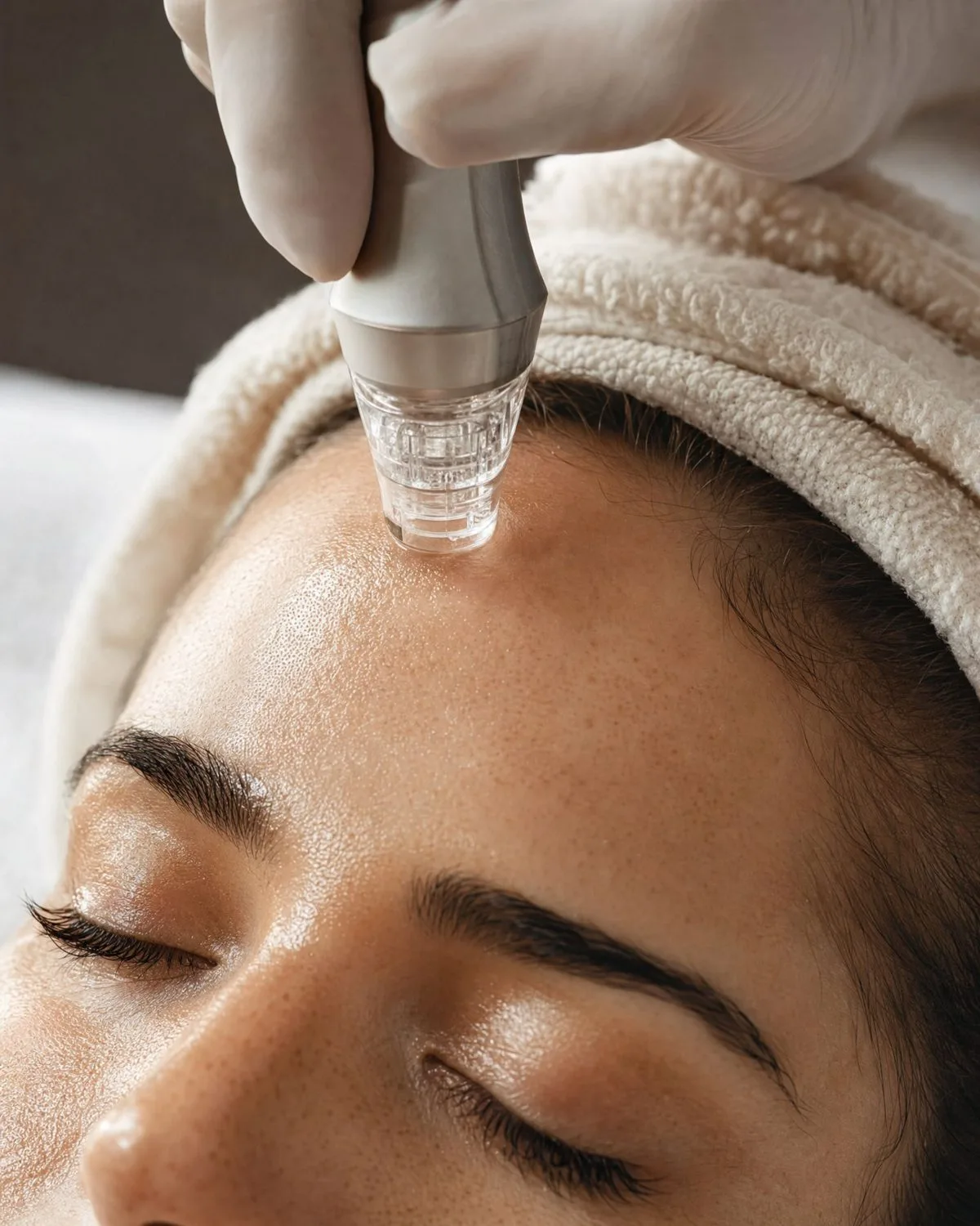 Hydrodiamond wand gliding across a client's forehead